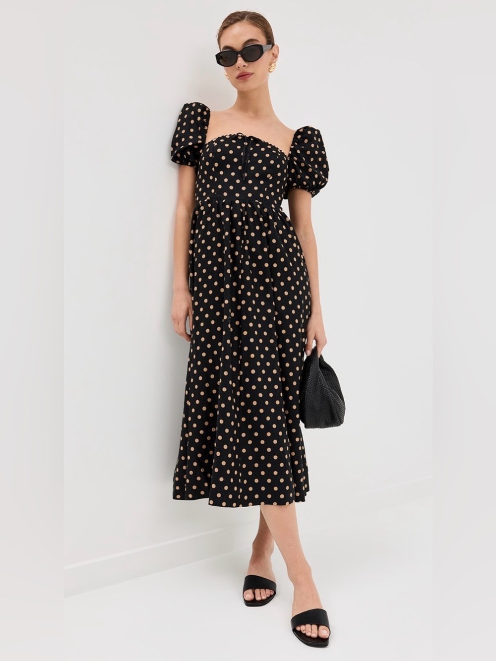 Reformation Marella Linen Dress in Black with Tan Polka Dots
